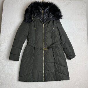 GUESS Women's L Long Quilted Jacket with Faux-Fur Hood Dark Deep Olive Winter